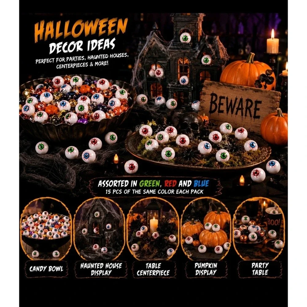 45 Halloween Eyeball Decorations Plastic Bloodshot Eyeballs Ping Pong Party Dec.